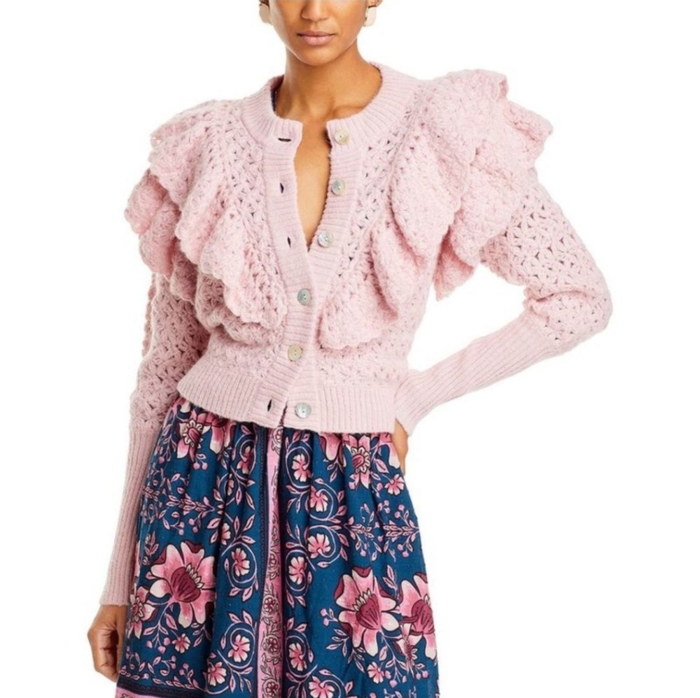 FARM RIO Flower Texture Pink Ruffled Crocheted Sweater NWT SRP $295